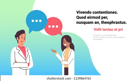 couple doctors chat bubble treatment communication man woman medical team network healthcare concept horizontal copy space vector illustration