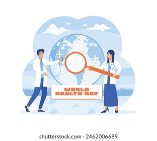 A couple of Doctors are checking the health of the globe earth with a stethoscope on world health day. flat vector modern illustration 