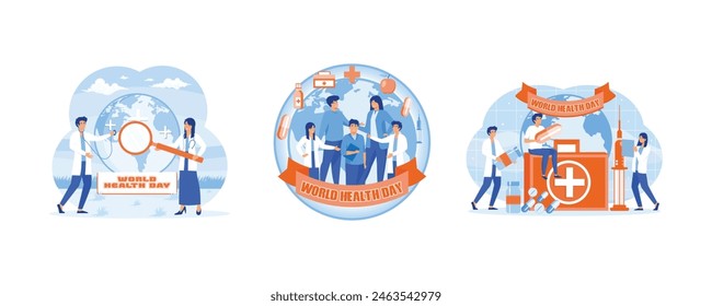 A couple of Doctors are checking the health of the globe earth with a stethoscope. A medical staff group of doctors and nurses. World Health Day concept. Set flat vector modern illustration 