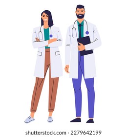 Un par de médicos. Una doctora se pone de pie con los brazos cruzados y un médico sostiene un portapapeles. Trabajadores médicos con estetoscopio y abrigos blancos. Los personajes sonríen. Vector plano aislado.