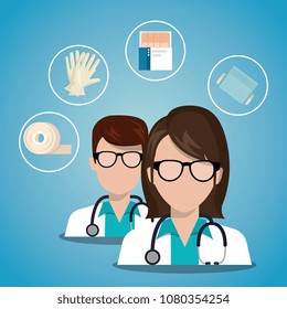 couple doctors with medicals services icons