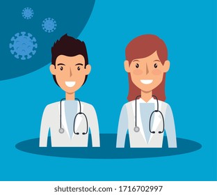 couple doctors with particles of covid 19 vector illustration design