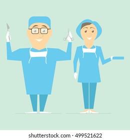 Couple of doctors. Physicians surgeons ready for operation. Vector