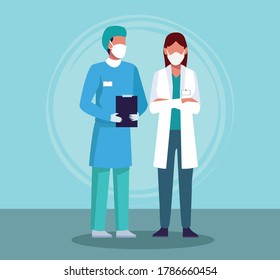 couple of doctors staff wearing medical mask vector illustration design