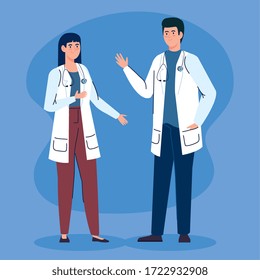 couple doctors with stethoscope avatar character vector illustration design