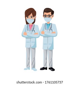 couple doctors using medical masks vector illustration design