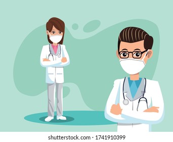 couple doctors wearing medical masks vector illustration design
