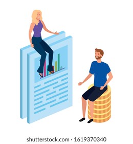 couple with document and pile coins vector illustration design