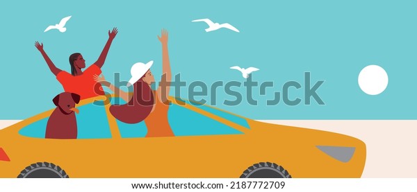 Couple with dog admiring ocean view by car,\
vector stock illustration with road\
trip