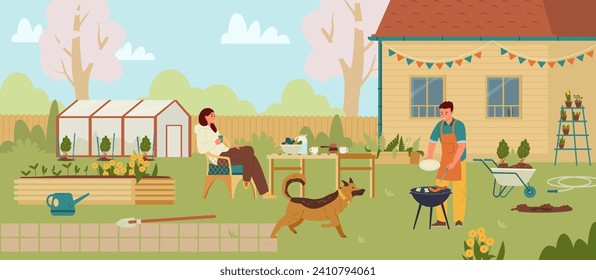 Couple and a dog in the backyard having barbecue in Spring flat vector illustration. Spring gardening season in the countryside.