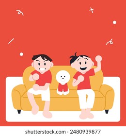 A couple and a dog are cheering for korean sports team. Cartoon style illustration banner. 