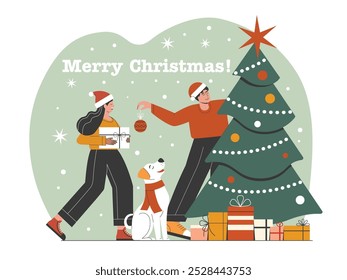 Couple with dog in festive scarf decorating Christmas tree with pile of wrapped presents. Man and woman preparing for Xmas. Happy family hanging baubles and glass balls on branches with pet.