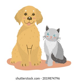 A couple of dog and grey cat are sitting happily on white background