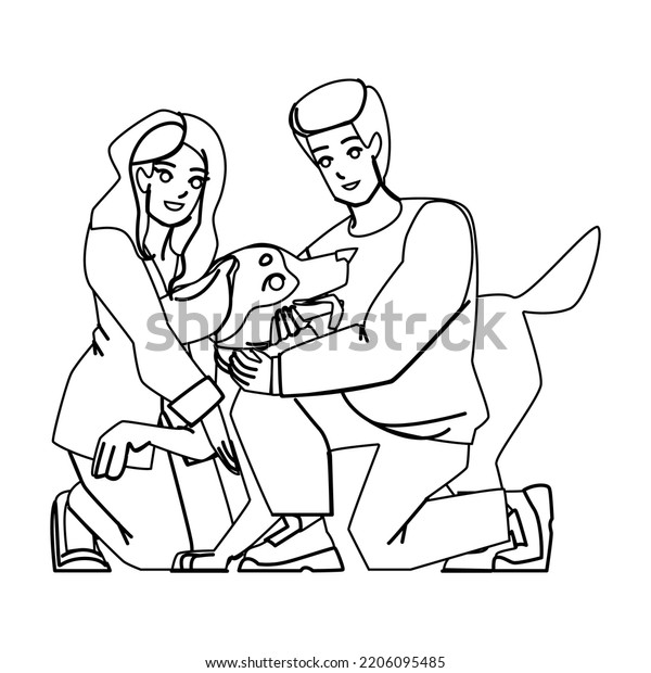couple with dog line pencil drawing vector.\
happy man woman pet, young home love, apartment animal hug couple\
with dog character. people\
Illustration