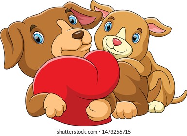 Couple dog in love with a red heart