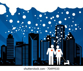 Couple and dog on the winter night city background, vector illustration