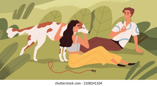 Couple and dog relaxing in nature on summer holidays. Happy man and woman resting outdoors with doggy. People sitting on grass with pet, canine animal at leisure time. Flat vector illustration