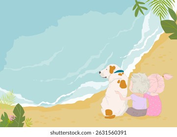 Couple with Dog sitting on Sea Beach Shores