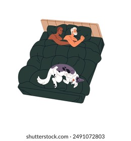 Couple and dog sleep together top view. LGBT people cuddle during rest in bed. Gay embraces partner while nap. Asleep men relax on pillows, under blanket. Flat isolated vector illustration on white