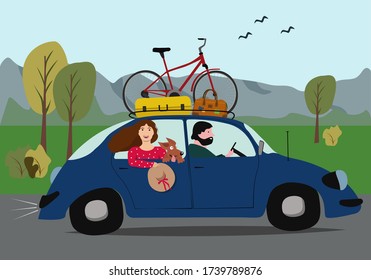 Una pareja con un perro viajando en auto, de vacaciones. Bicicleta y maleta en el techo de un auto.  Ilustración vectorial al estilo de las caricaturas.