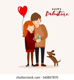 Couple with a dog, Valentines day greeting card, vector illustration