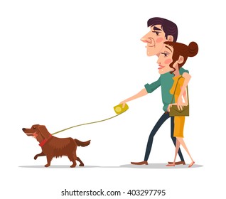Couple with dog. Vector flat illustration