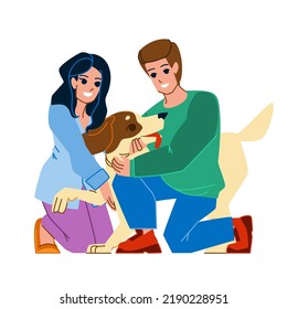 couple with dog vector. happy man woman pet, young home love, apartment animal hug couple with dog character. people flat cartoon illustration