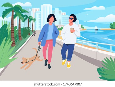 Couple with dog walking along seafront flat color vector illustration. Summer recreation in tropical resort town. Boyfriend and girlfriend 2D cartoon characters with waterfront on background