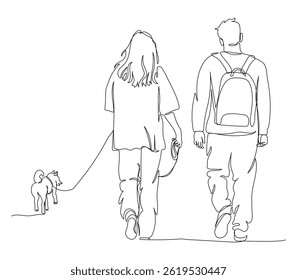 Couple with dog walking away. Man with backpack. Back view.  Black and white vector illustration in line art style.