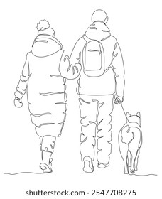 Couple with dog walking away in winter season. Wear warm coat, hats, mittens. Man with backpack. Back view. Continuous line drawing. Line art vector.