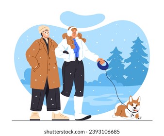Couple with dog in winter concept. Man and woman with puppy in cold weather and snowfall. Christmas and New Year scene. Cartoon flat vector illustration isolated on white background