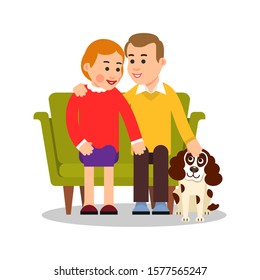 Couple with dog. Young man and woman sitting on couch. Puppy sitting next to them. Beauty romantic portrait with animal friendship. Cartoon illustration isolated on white background in flat style.
