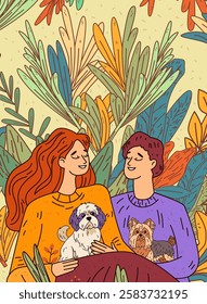 Couple with dogs autumn scene cozy sweaters. Smiling man and woman holding small dogs surrounded by colorful leaves in warm tones. Perfect for autumn-themed design