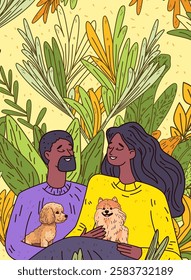 Couple with dogs nature background colorful scene. Smiling man and woman holding pets surrounded by lush leaves. Bright colors detailed design