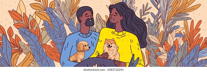 Couple with dogs nature theme colorful foliage cozy scene smiling people surrounded by vibrant leaves warm tones sweaters with pet illustrations lifestyle concept