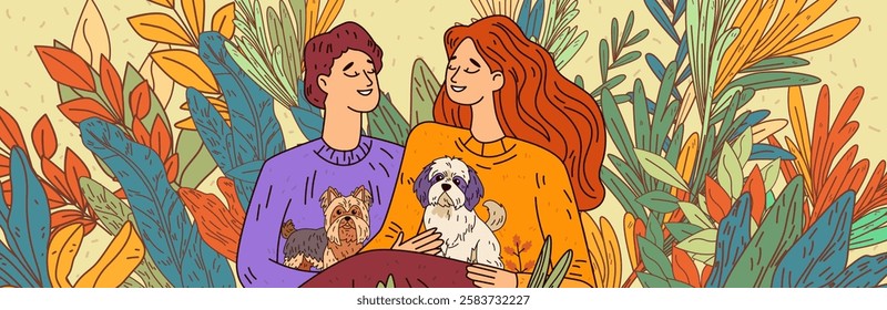 Couple with dogs surrounded by colorful foliage peaceful nature scene vibrant leaves cozy sweaters warm tones website banner