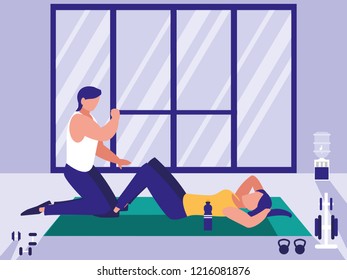 couple doing crunches in the gym