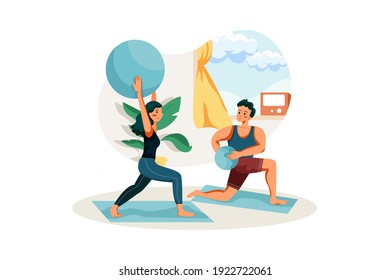 Couple doing exercise in home Vector Illustration concept. Flat illustration isolated on white background.