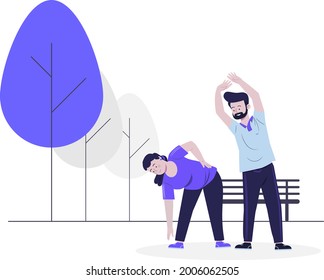 couple doing exercise into park flat design illustration 