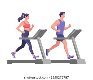 A couple is doing fitness. A man and a woman are exercising on a treadmill. Vector illustration in minimalistic style.