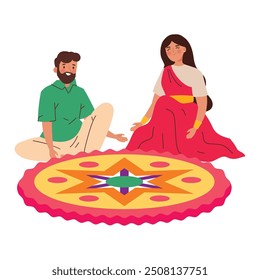 couple doing floral design for onam festival isolated