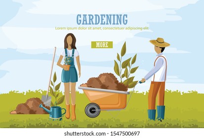 Couple doing gardening work. Carrying wheelbarrow with soil and planting flowers. Blue sky