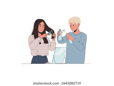 Couple doing hair routine at home