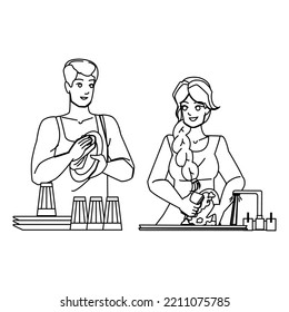 couple doing homework line pencil drawing vector. woman happy, young man, education family, adult father, happiness casual couple doing homework character. people Illustration