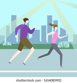 Couple doing jogging on the background of the urban landscape. Vector illustration.