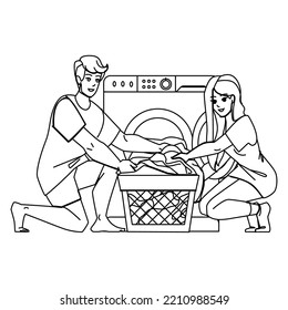 Couple Doing Laundry Line Pencil Drawing Vector. Woman Clothes, Man Family, People Home, Machine House, Lifestyle Washing Couple Doing Laundry Character. People Illustration