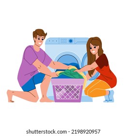 couple doing laundry vector. woman clothes, man family, people home, machine house, lifestyle washing couple doing laundry character. people flat cartoon illustration