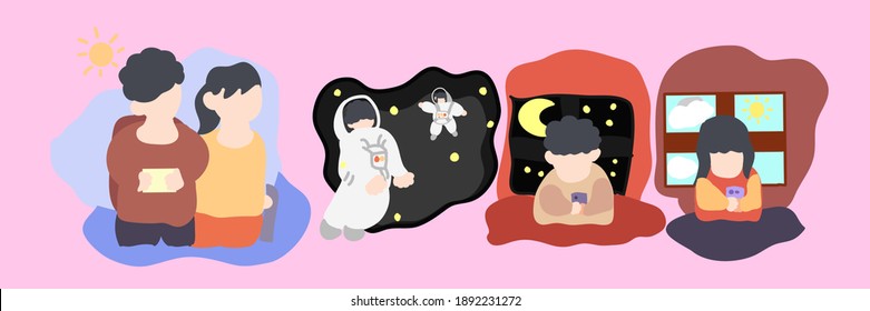 Couple doing many activity. Couple hiking. Couple be Astronauts. Couple Long distance Relationship call flat vector in valentine holiday