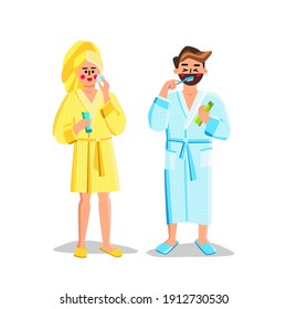 Couple Doing Morning Routine In Bathroom Vector. Man Brushing Teeth And Woman Removing Makeup From Face In Bathroom. Characters Wearing Bathrobe Have Hygiene Treatment Flat Cartoon Illustration