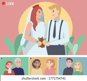 A Couple Doing Online Wedding Ceremony Via Video Call With Relatives